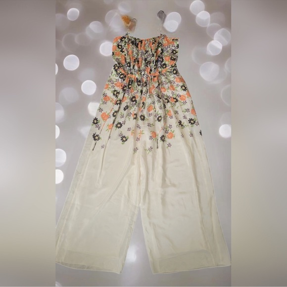 Elevenses Anthropologie Floral Silk Jumpsuit with Coral Accents - Picture 4 of 12